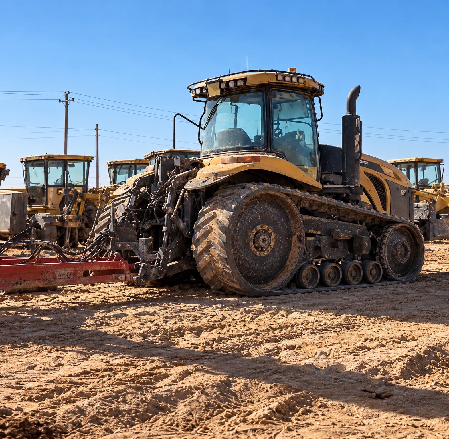 Challenger tracked tractor in the equipment yard, ready for mobilization.