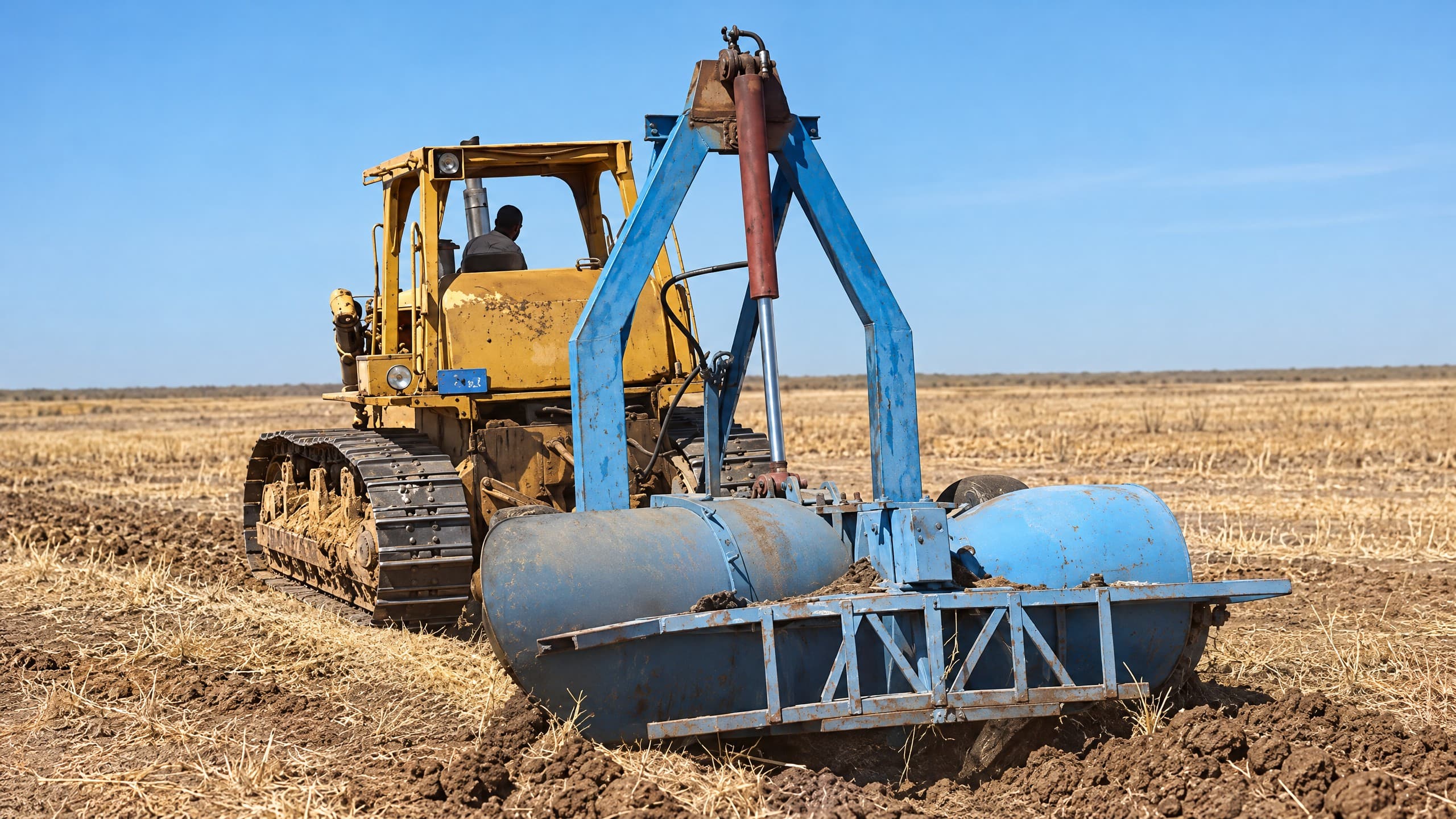 CAT bulldozer pulling a ditcher to cut a water channel through a field.