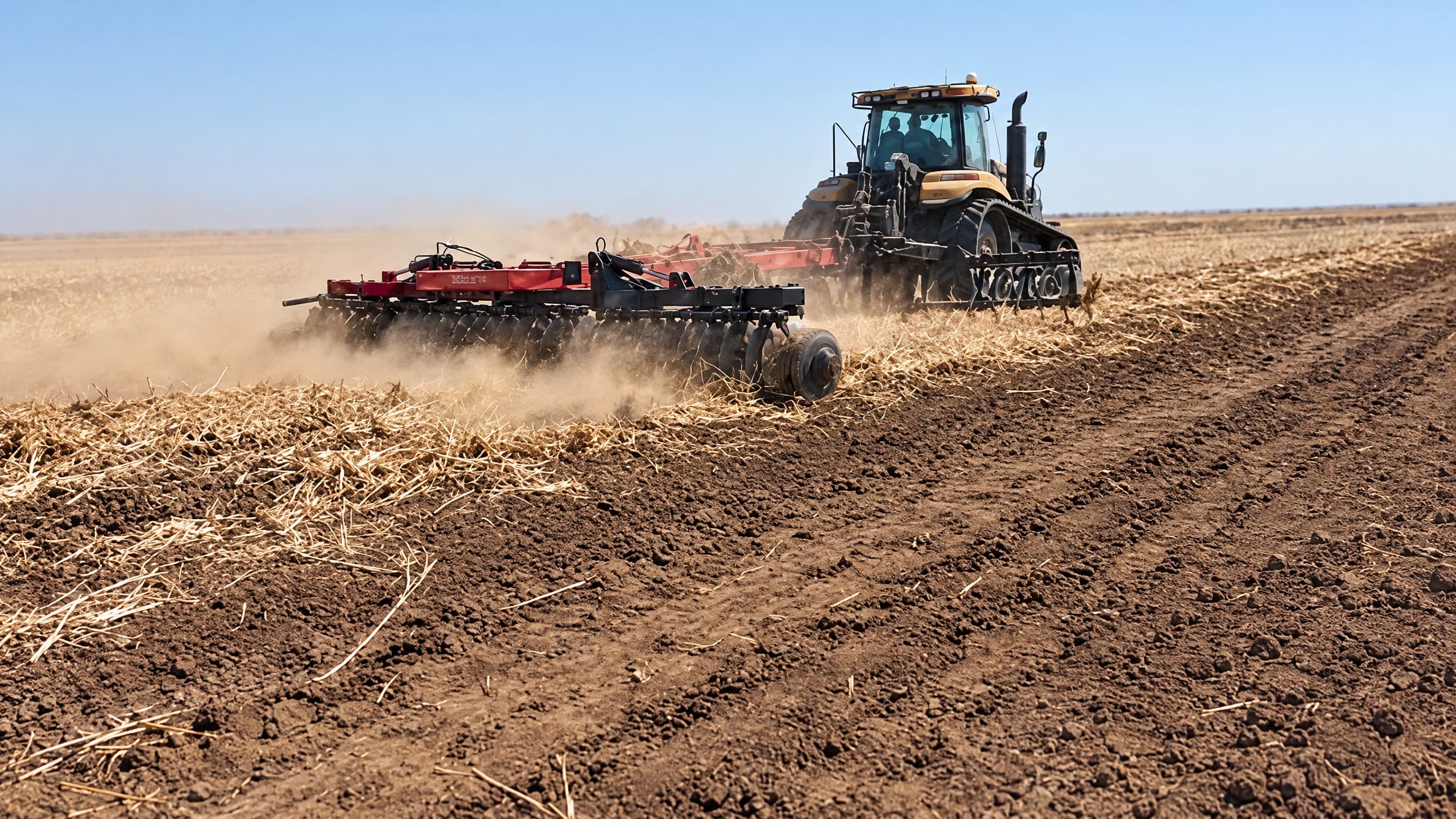 Challenger tractor pulling a disc harrow through stubble, dust behind.