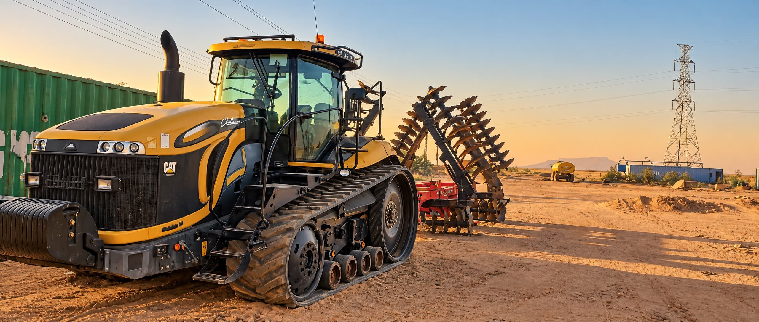 Challenger tracked tractor and folding disc harrow at golden hour.