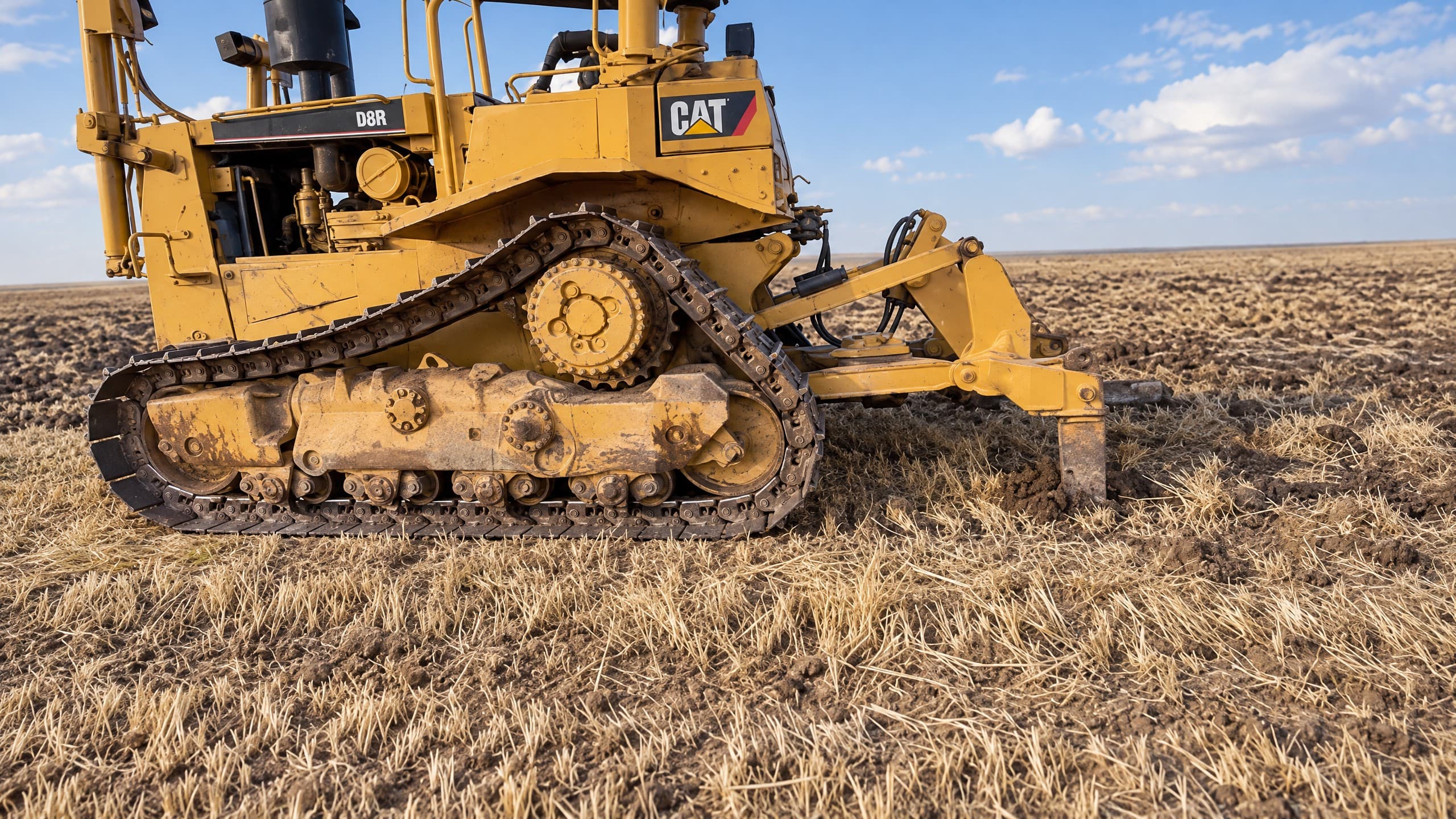 CAT bulldozer with rear ripper working dry ground.