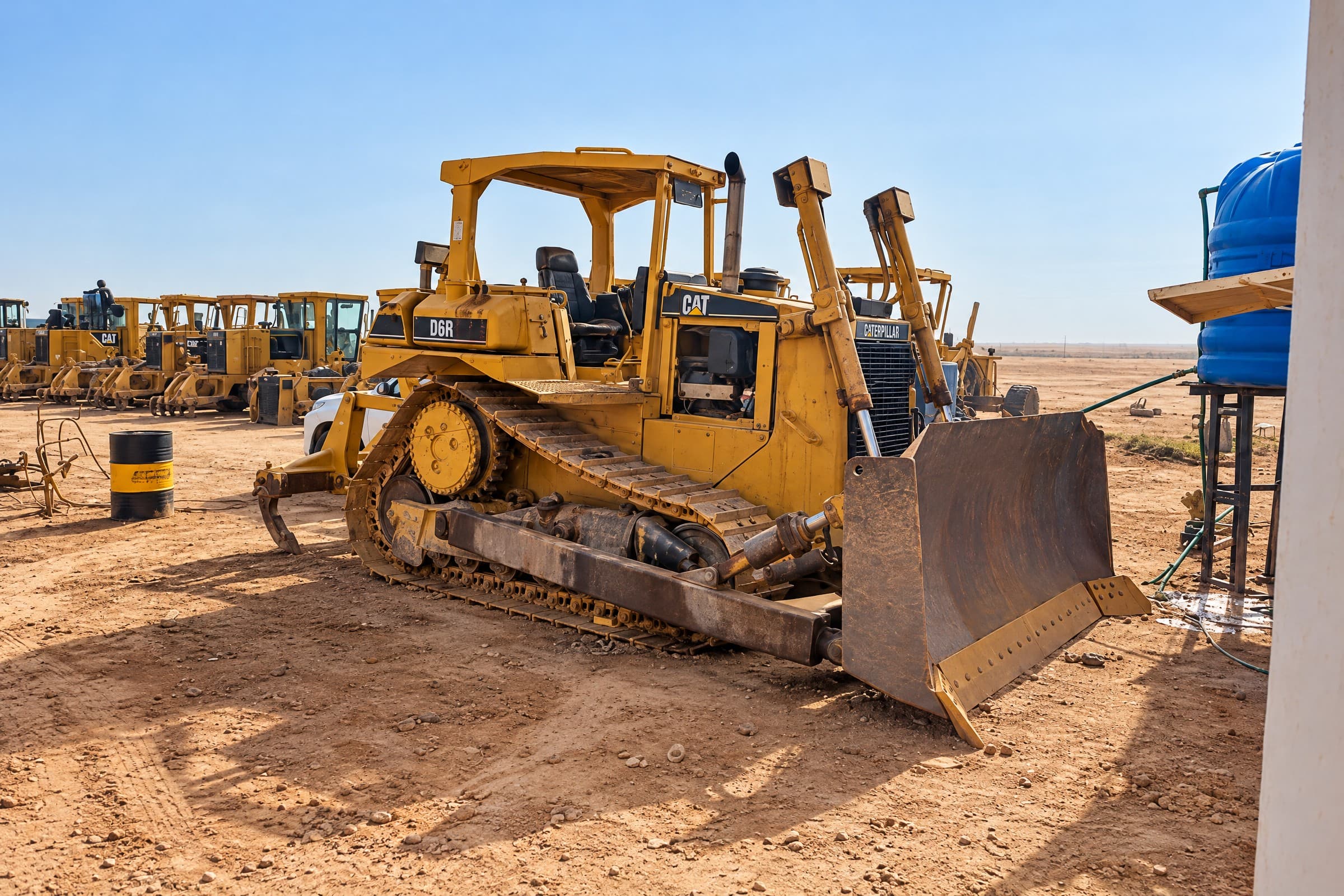 CAT bulldozers lined up in the equipment yard.