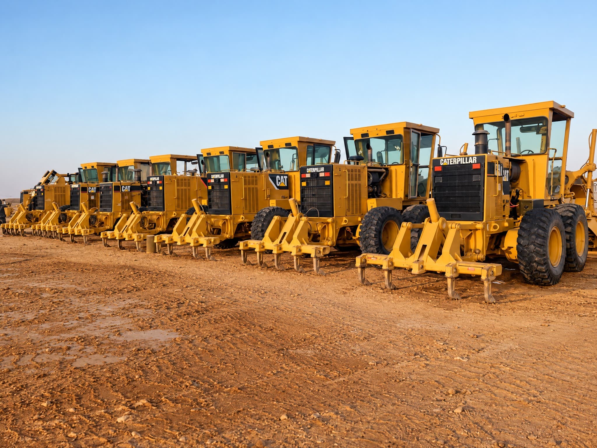 A line of CAT motor graders ready for leveling work.