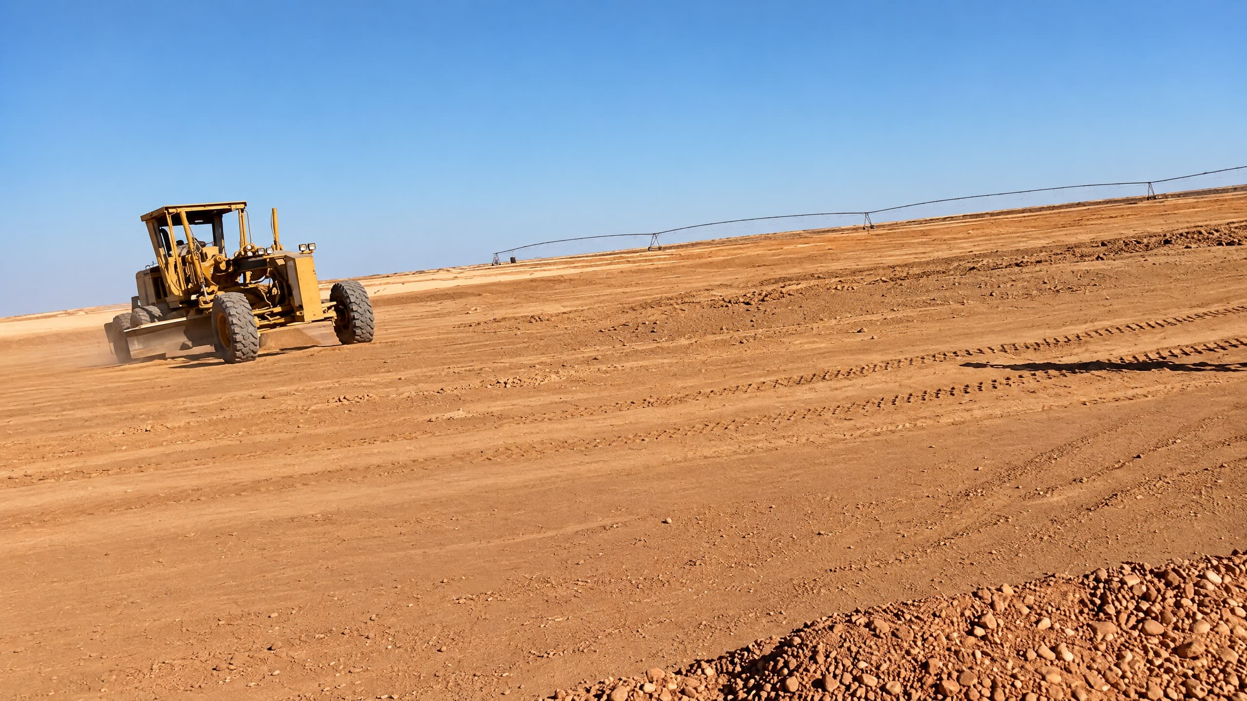 CAT motor grader working red sand on a project site.