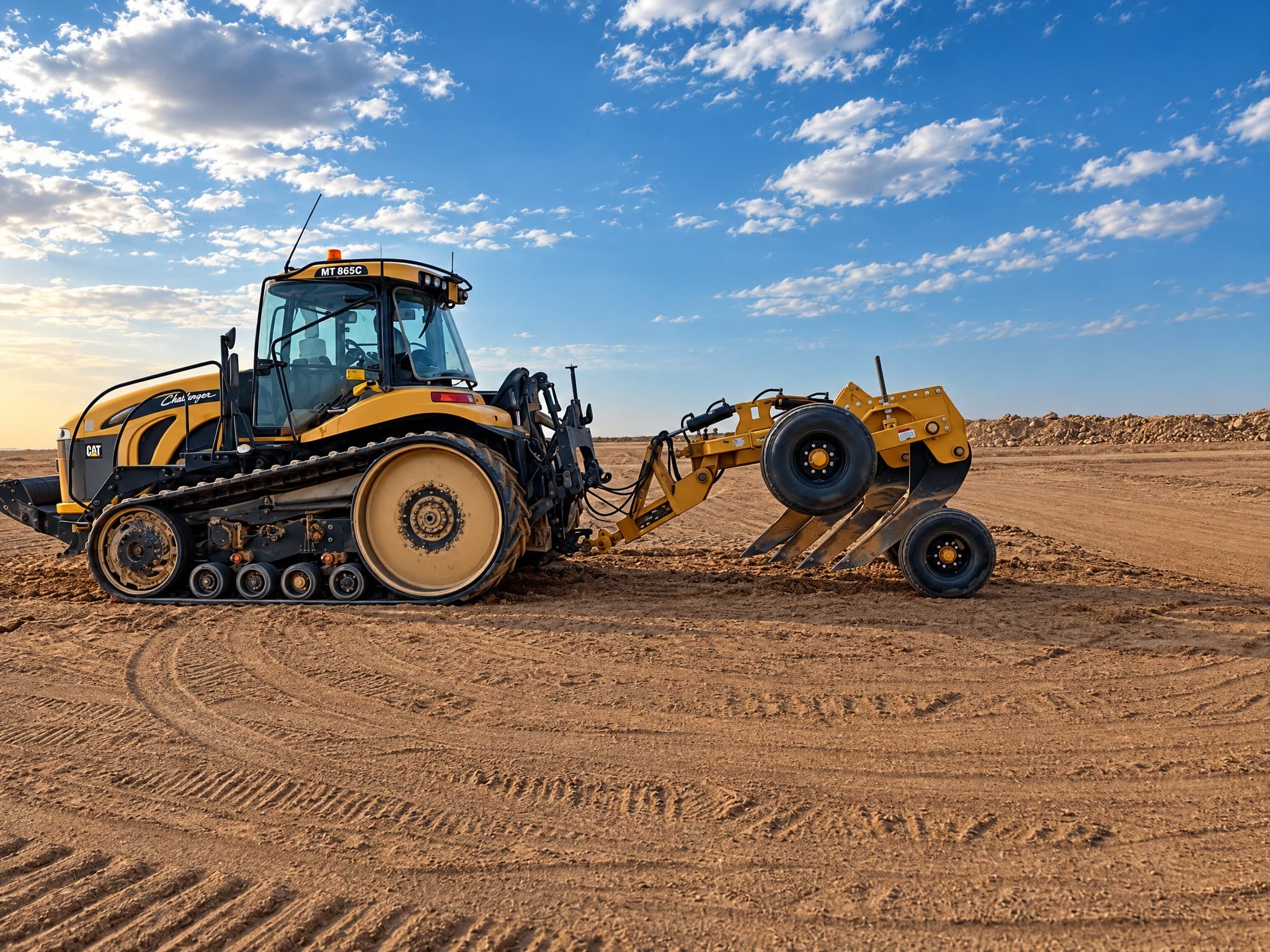 Challenger MT865C tracked tractor towing a land leveler across open ground.