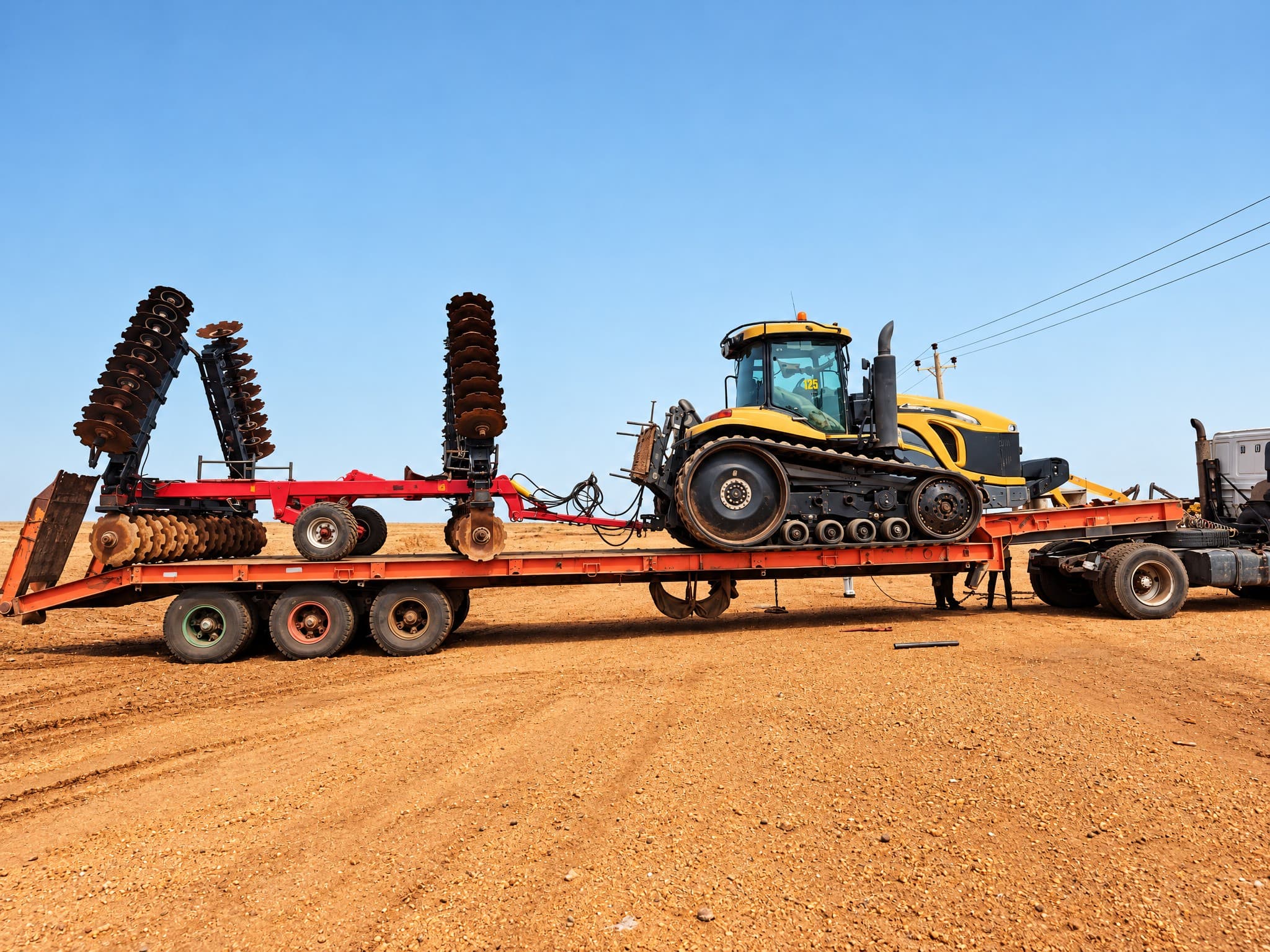 Challenger tractor and folding disc harrow loaded on a lowbed trailer for mobilization.