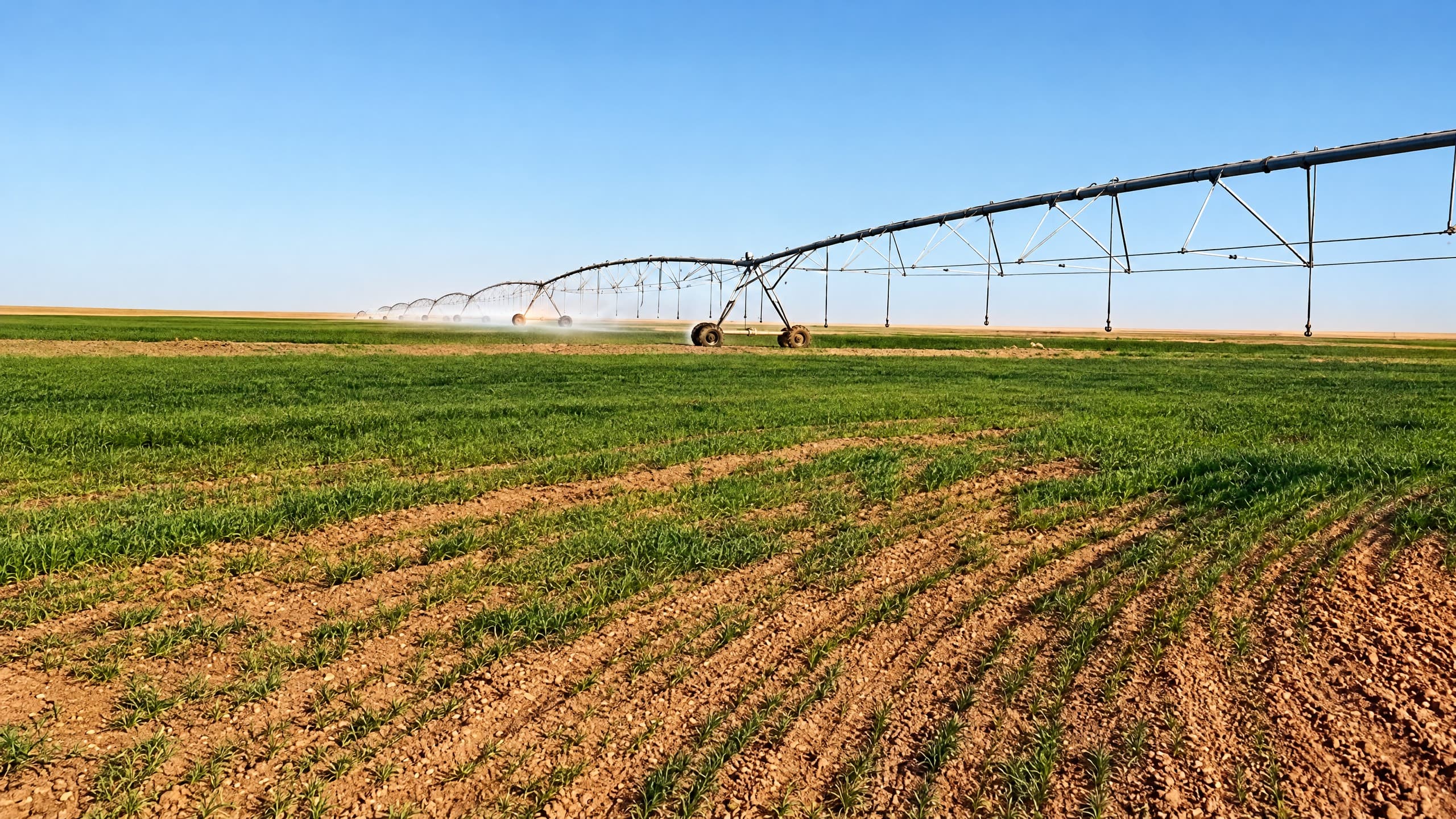 Center-pivot span over a field of young green crop.