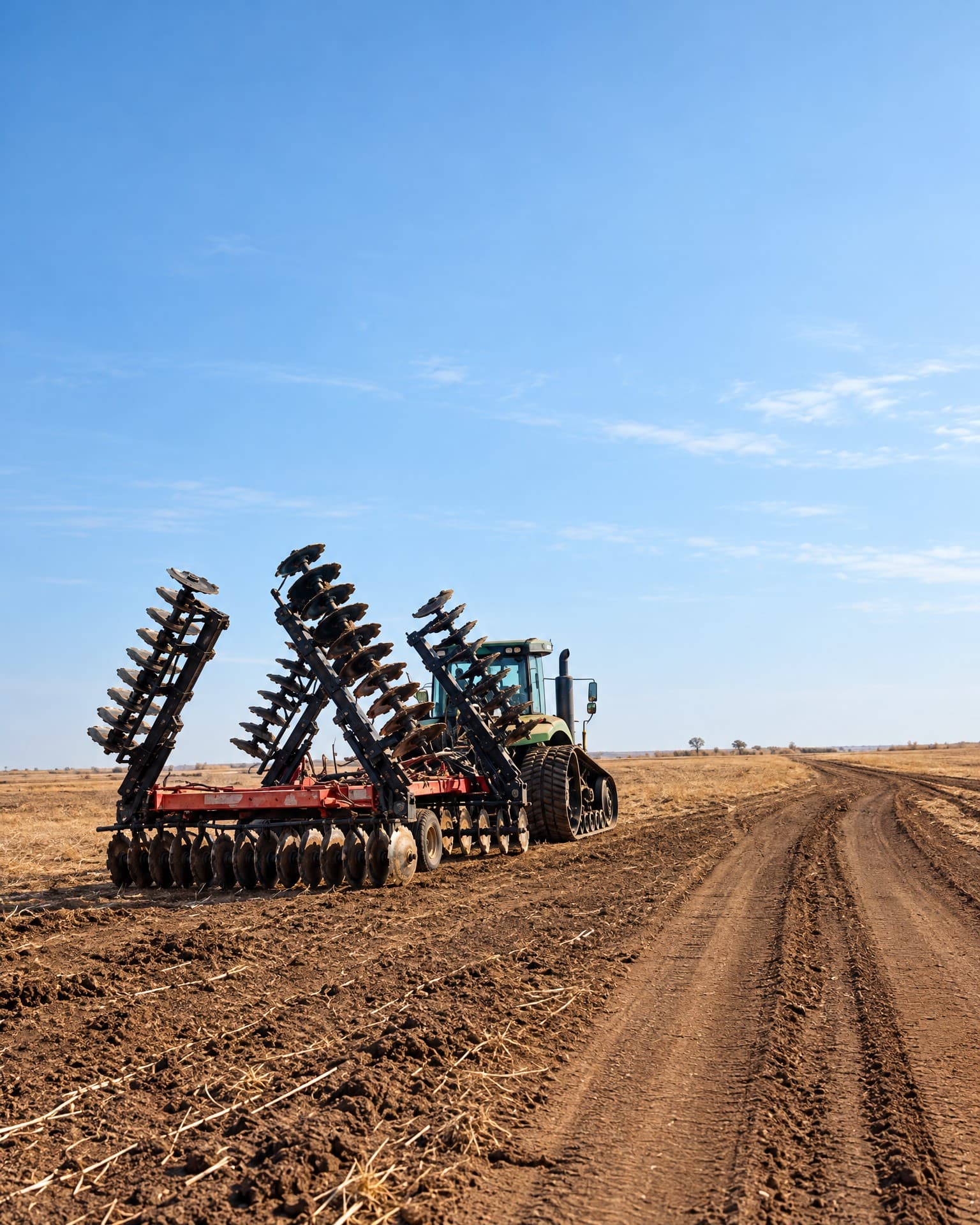 Challenger tractor with folding disc harrows on a field track.