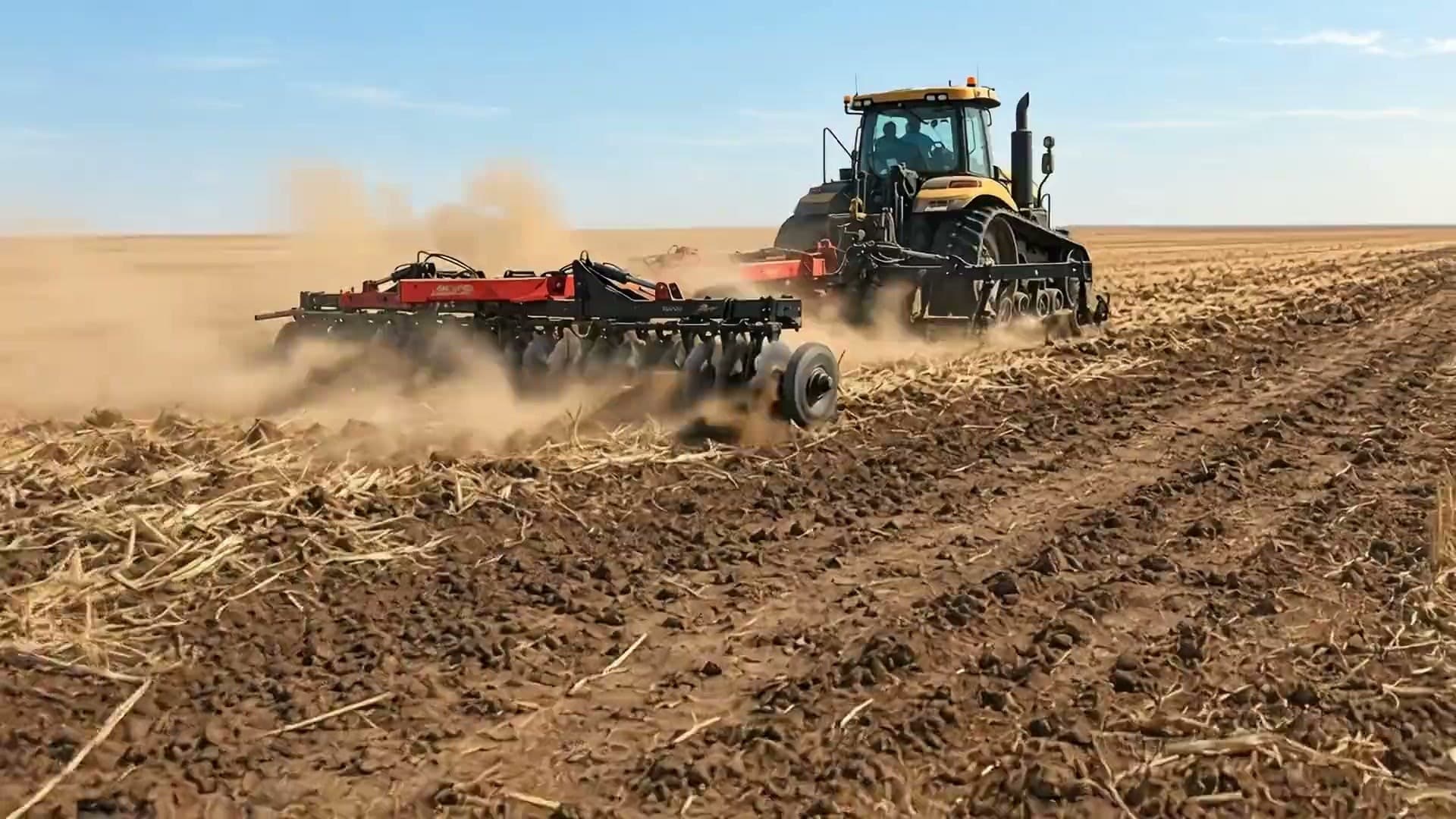 Drone shots of JAD AGROTECH machines at work: disc harrowing, ripping with a bulldozer and cutting a water channel.