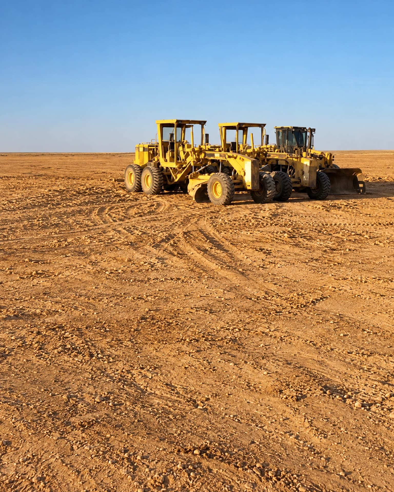 Three CAT motor graders on a prepared field.
