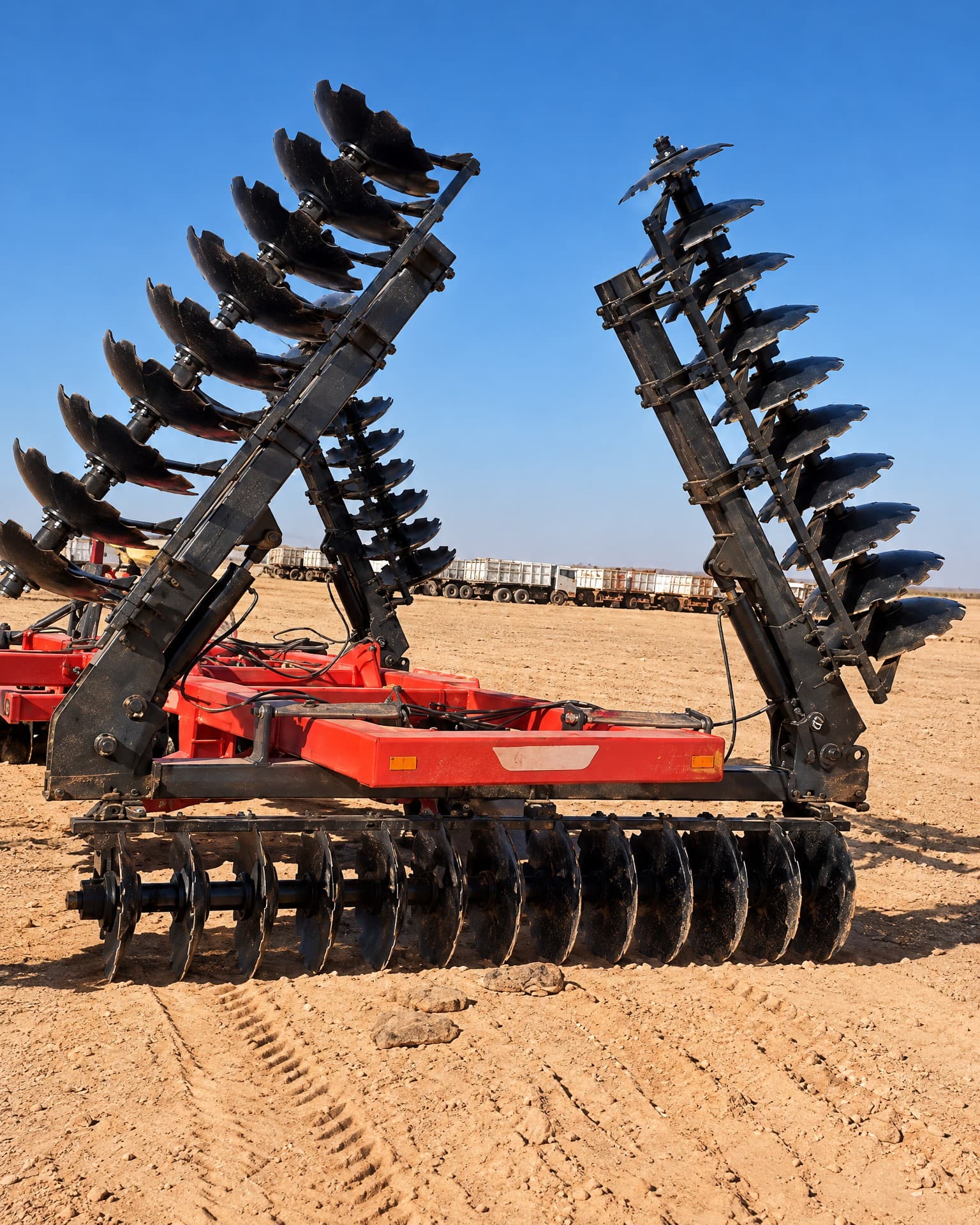 Folding disc harrow with its wings raised in the equipment yard.
